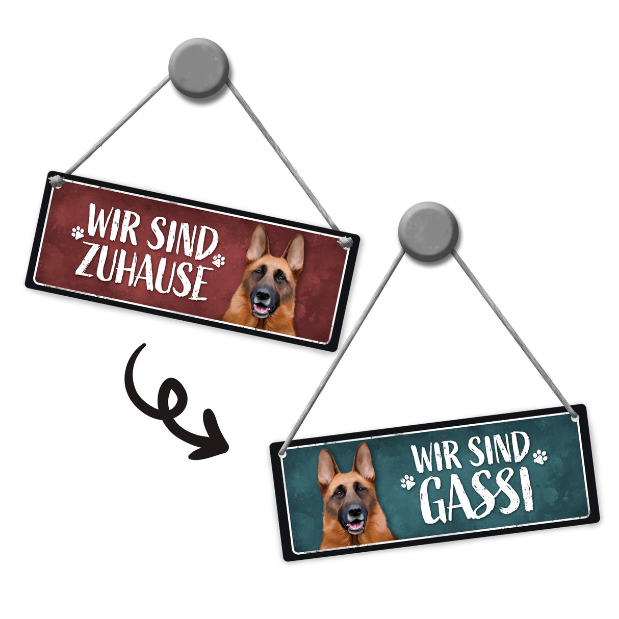 Wir sind Gassi/Zuhause - Schäferhund Wendeschild mit Kordel