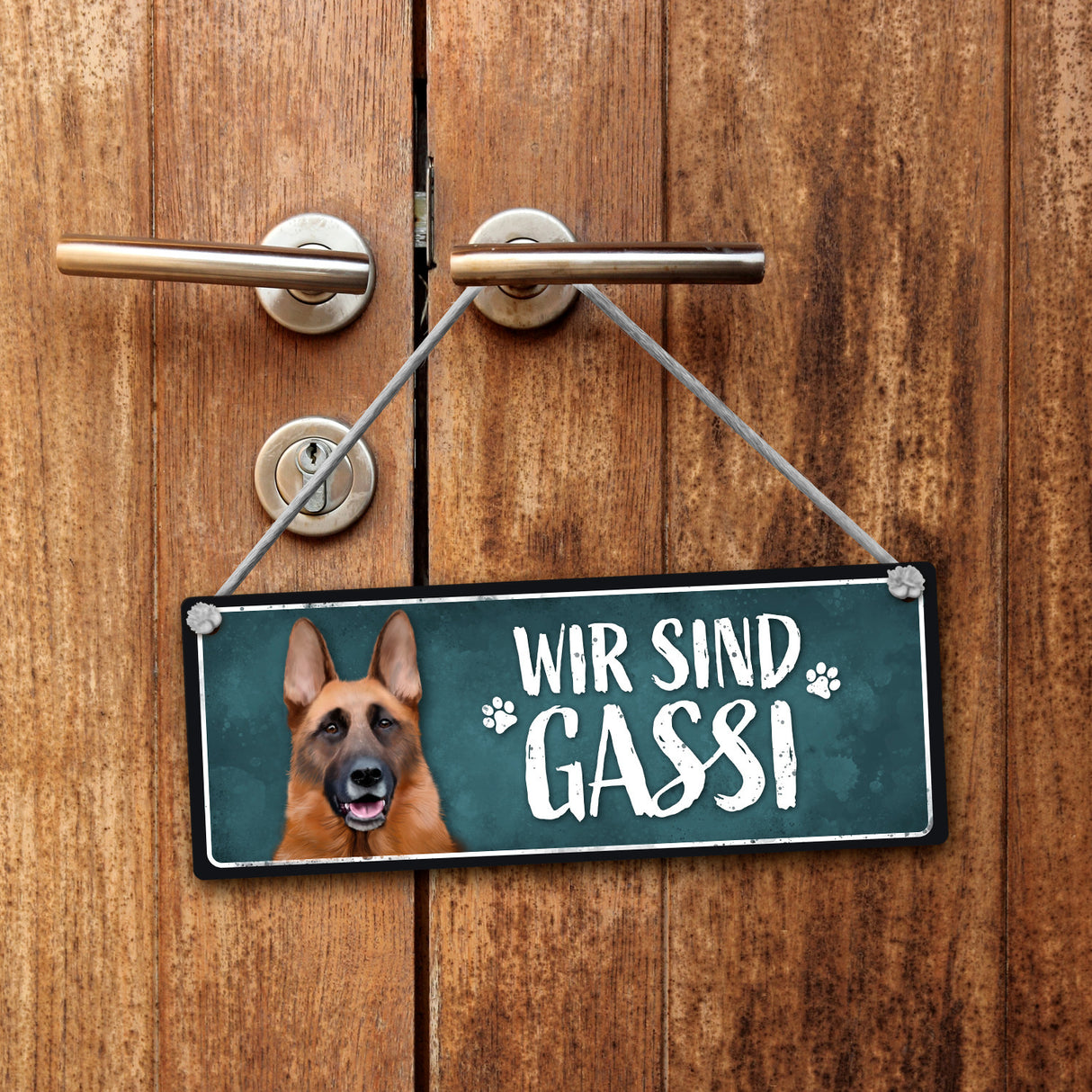Wir sind Gassi/Zuhause - Schäferhund Wendeschild mit Kordel