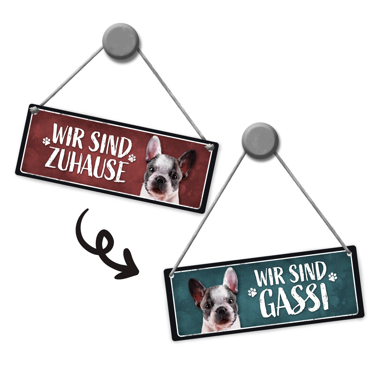 Wir sind Gassi/Zuhause - Französische Bulldogge Wendeschild mit Kordel