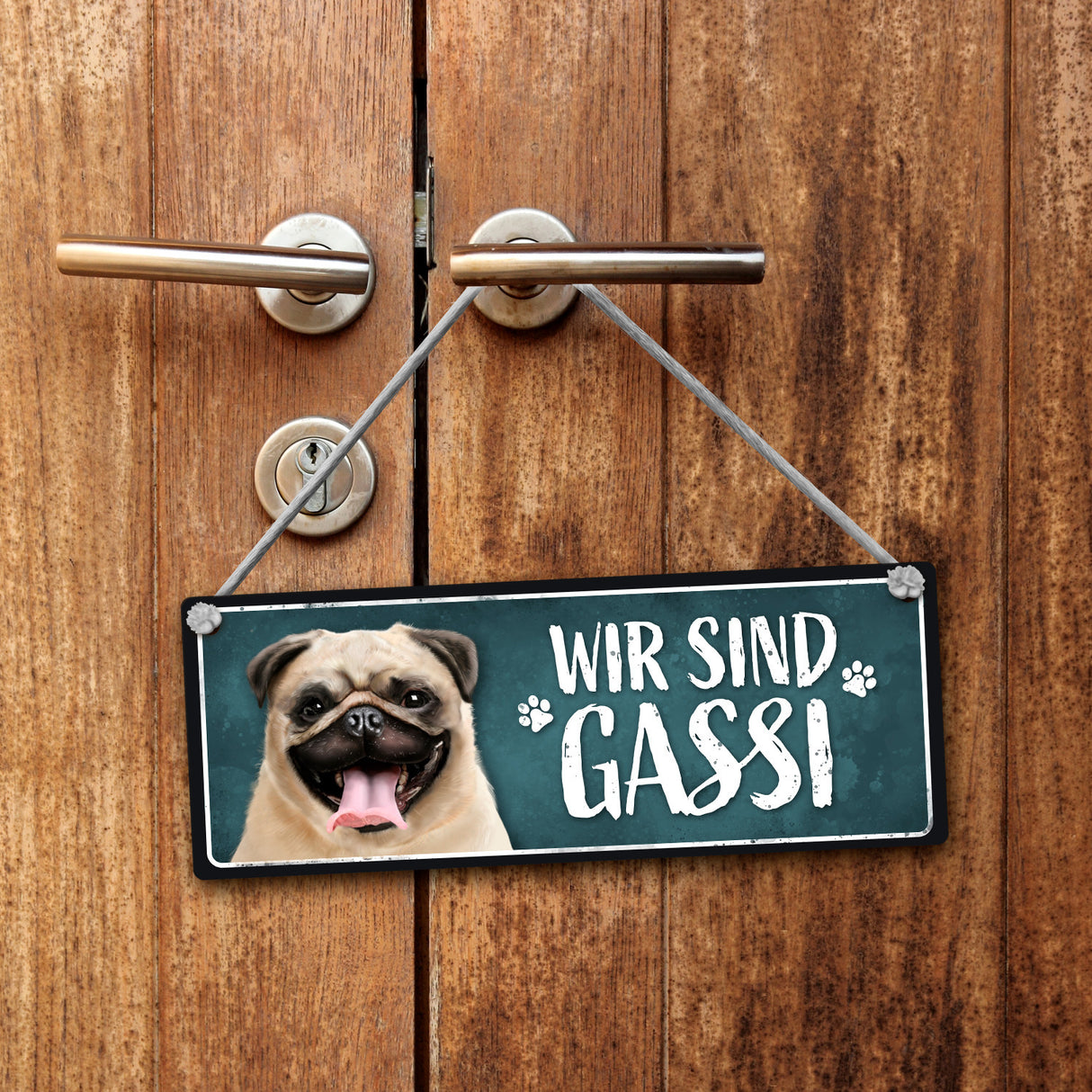 Wir sind Gassi/Zuhause - Mops Wendeschild mit Kordel
