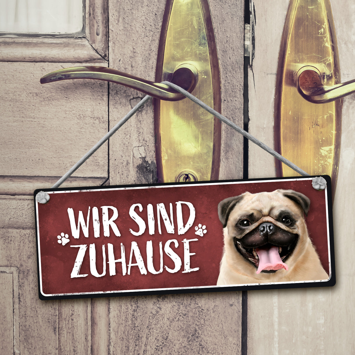 Wir sind Gassi/Zuhause - Mops Wendeschild mit Kordel