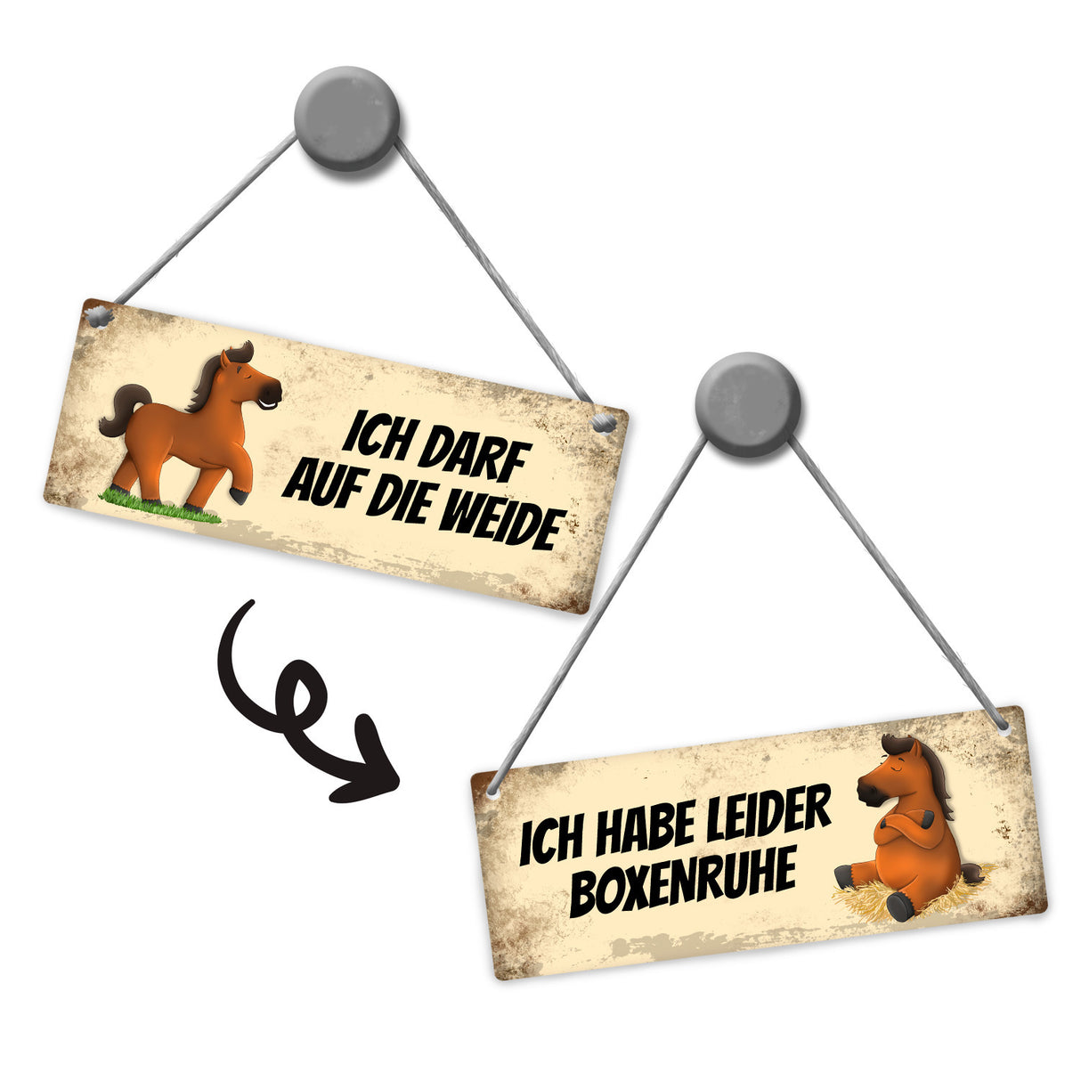 Pferd hat Boxenruhe / darf auf die Weide Wendeschild mit Kordel