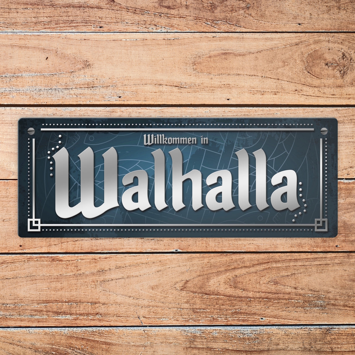 Wikinger Metallschild im nordischen Stil mit Spruch: Willkommen in Walhalla