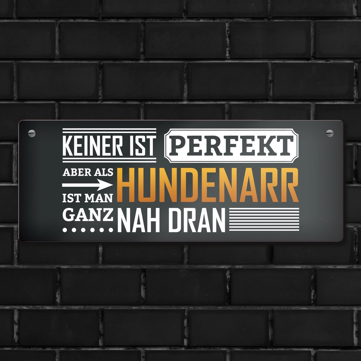 Metallschild mit Spruch: Keiner ist perfekt, aber als Hundenarr ist man ganz nah dran