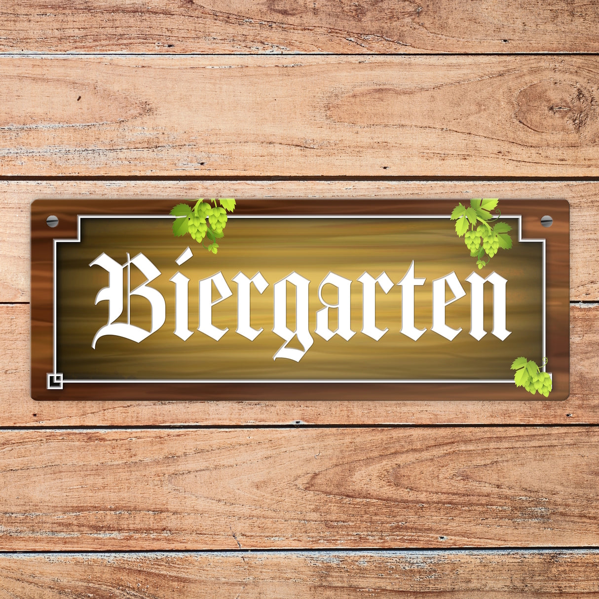 Biergarten Metallschild in Holz-Optik und Hopfen Motiv