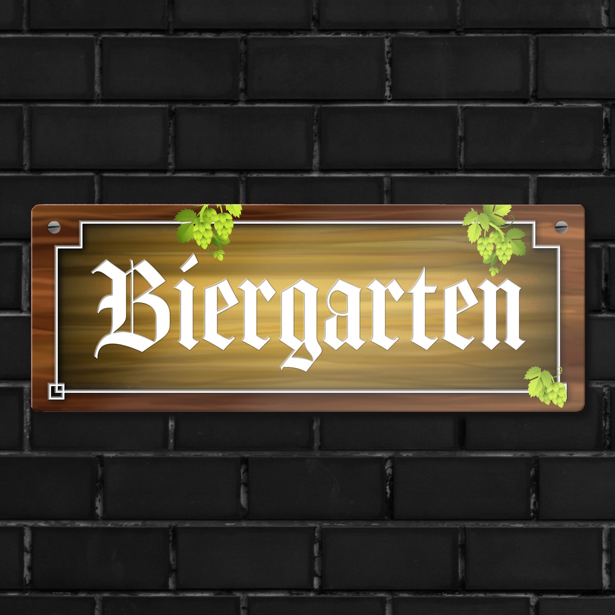 Biergarten Metallschild in Holz-Optik und Hopfen Motiv