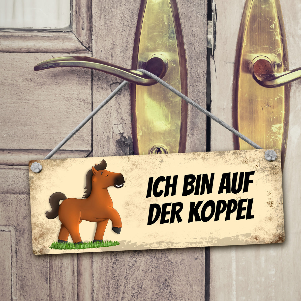 Braunes Pferd ist auf der Koppel oder ausreiten Wendeschild mit Kordel