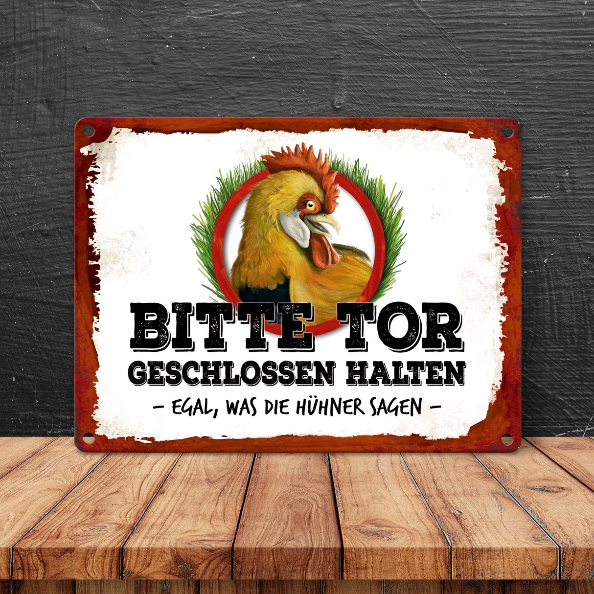 Hühner Metallschild mit Hahn Motiv und Spruch: Bitte Tor geschlossen halten