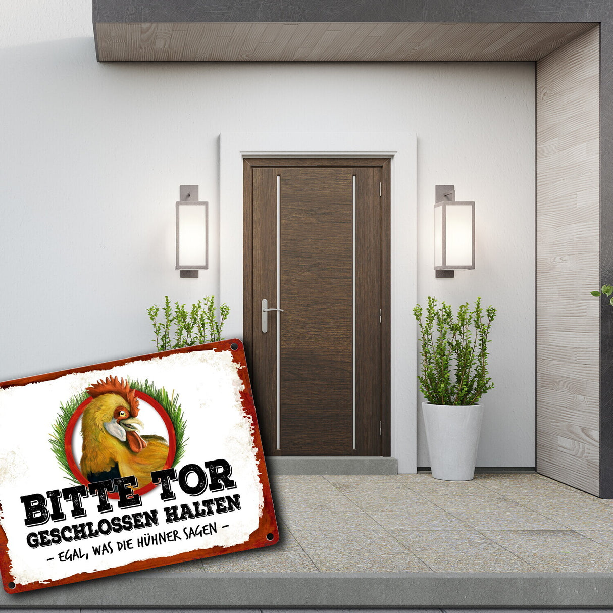 Hühner Metallschild mit Hahn Motiv und Spruch: Bitte Tor geschlossen halten
