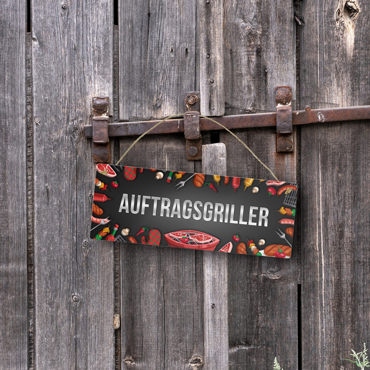 Grill Metallschild mit Barbecue Motiv und Spruch: Auftragsgriller