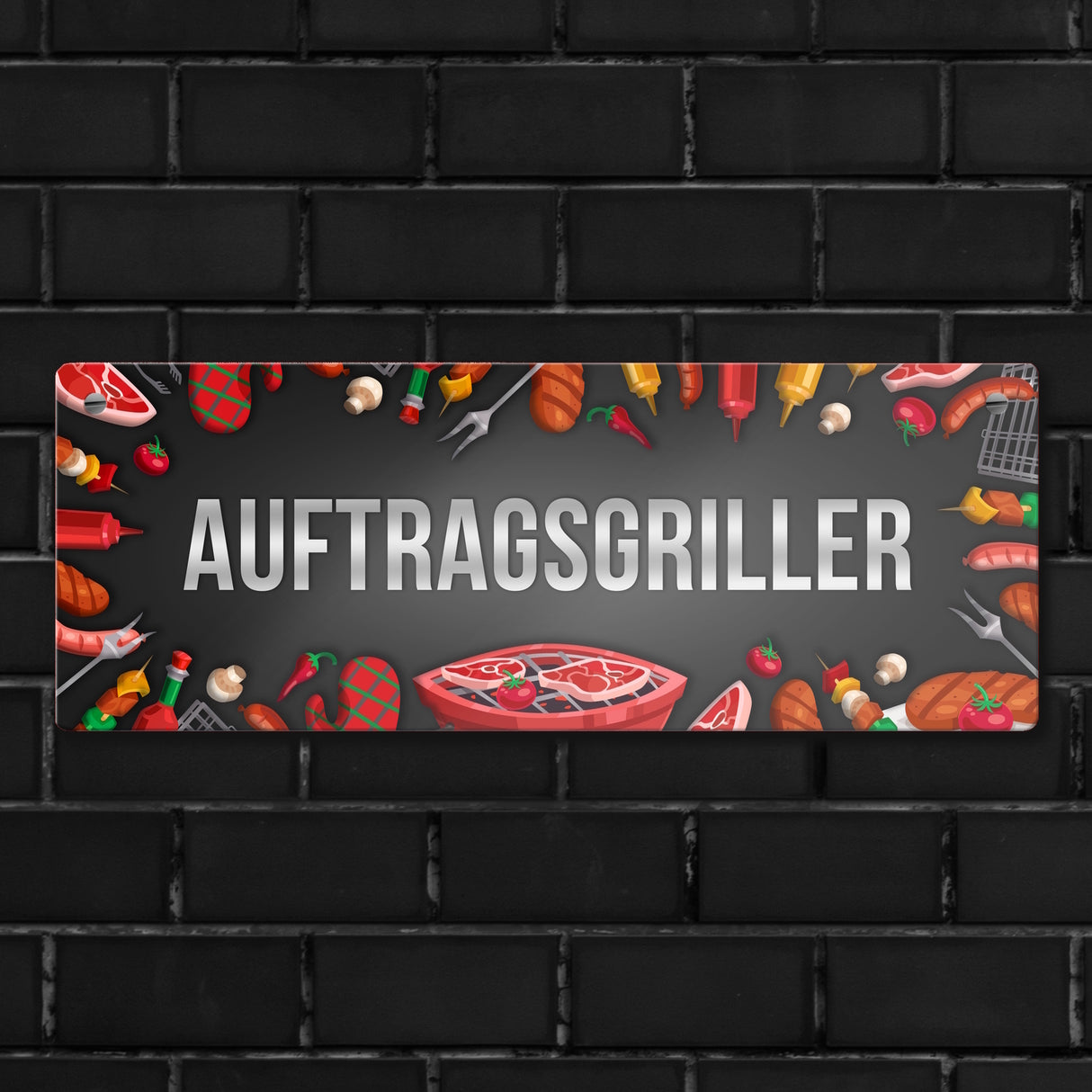 Grill Metallschild mit Barbecue Motiv und Spruch: Auftragsgriller