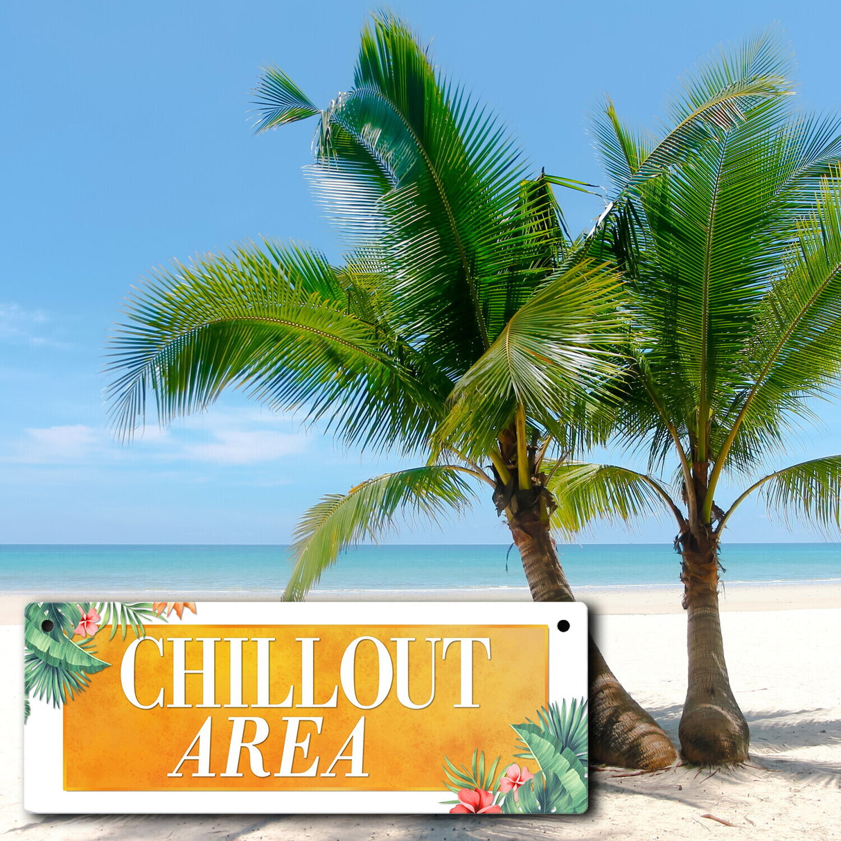 Entspannung Metallschild mit Palmen Motiv und Spruch: Chillout Area