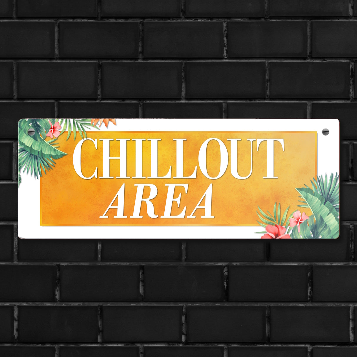 Entspannung Metallschild mit Palmen Motiv und Spruch: Chillout Area