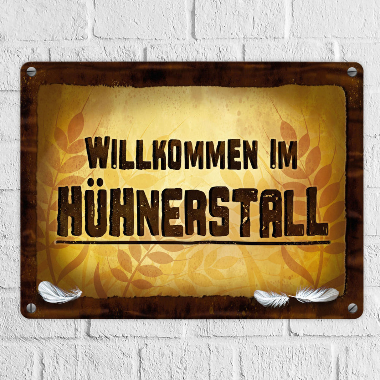 Huhn Metallschild mit Stall Motiv und Spruch: Willkommen im Hühnerstall