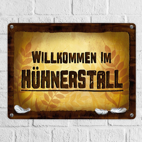 Huhn Metallschild mit Stall Motiv und Spruch: Willkommen im Hühnerstall