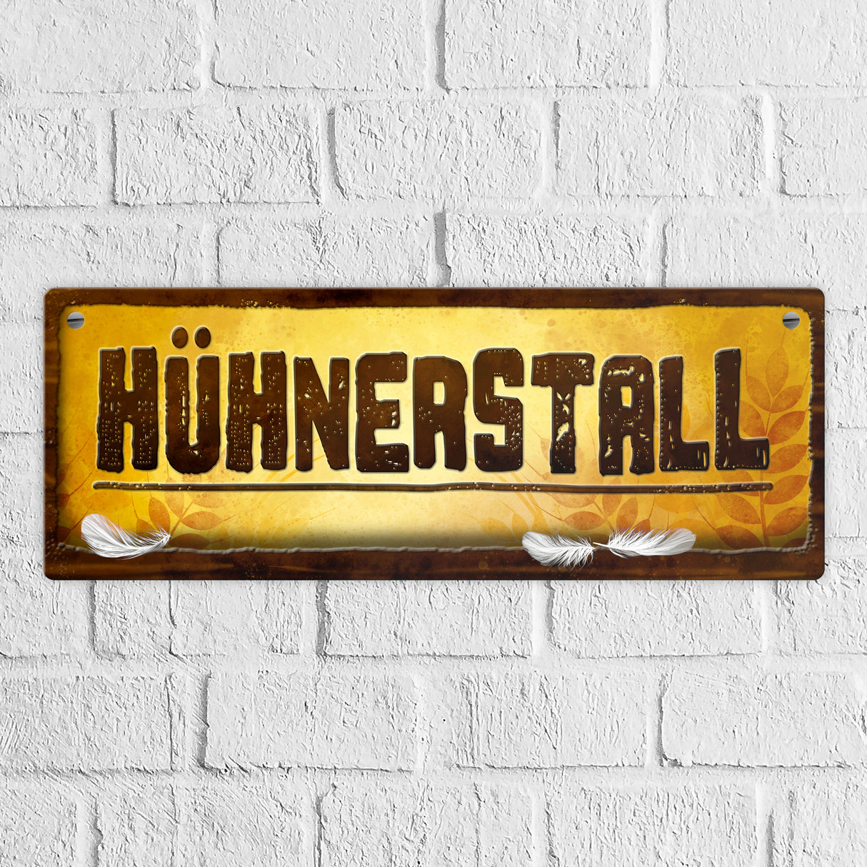 Huhn Metallschild mit Stall Motiv und Spruch: Hühnerstall