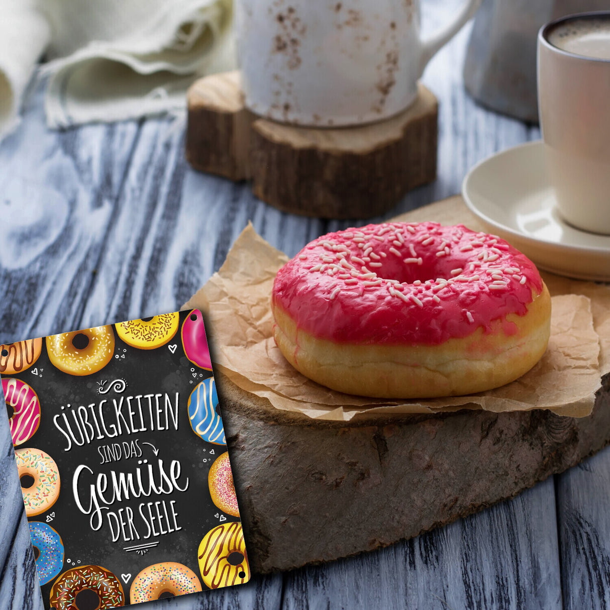 Süßigkeiten sind das Gemüse der Seele Metallschild mit Donut Motiv