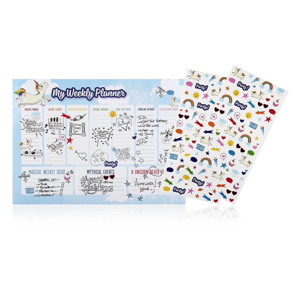 Einhorn Wochenplaner Schreibtischunterlage mit 52 Blatt und Sticker-Set