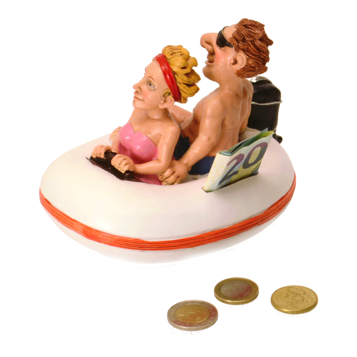 Paar im Schlauchboot Spardose
