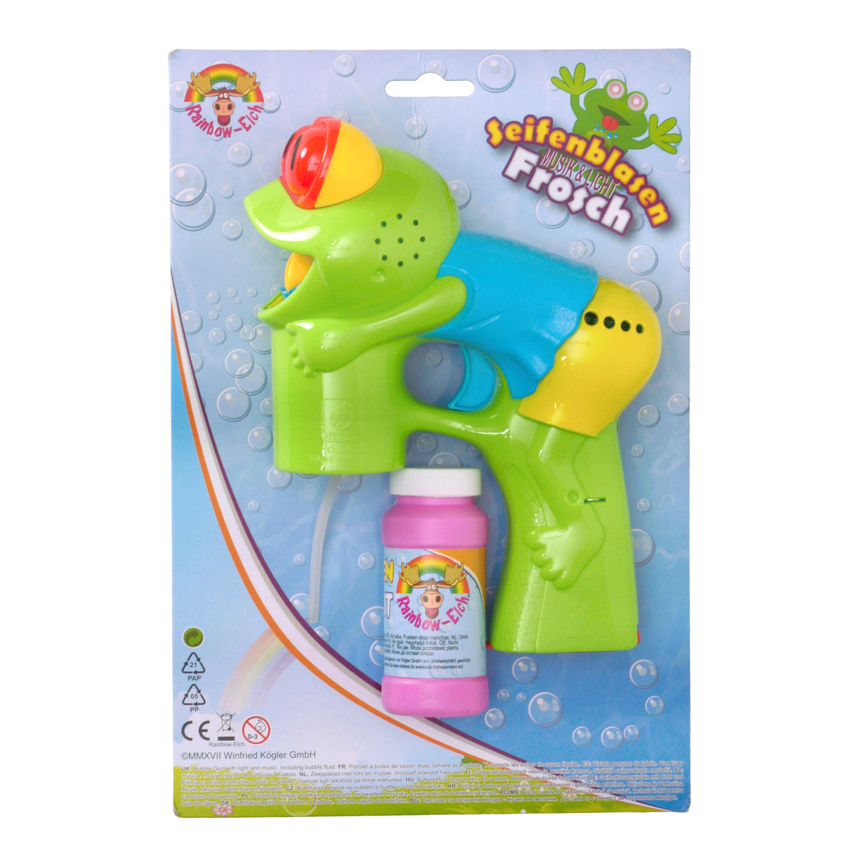 Frosch Seifenblasenpistole mit Licht, Sound und blauem Shirt