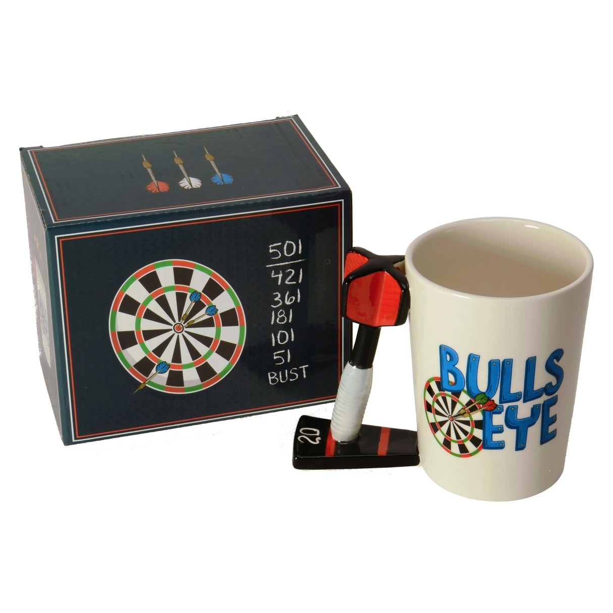 Darts - Bullseye Kaffeebecher mit Dartpfeil als Griff