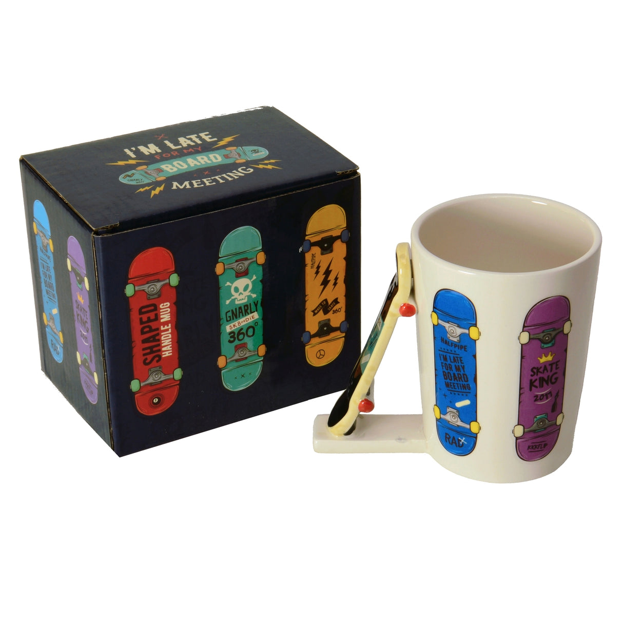 Bunte Boards Kaffeebecher mit Skateboard als Griff