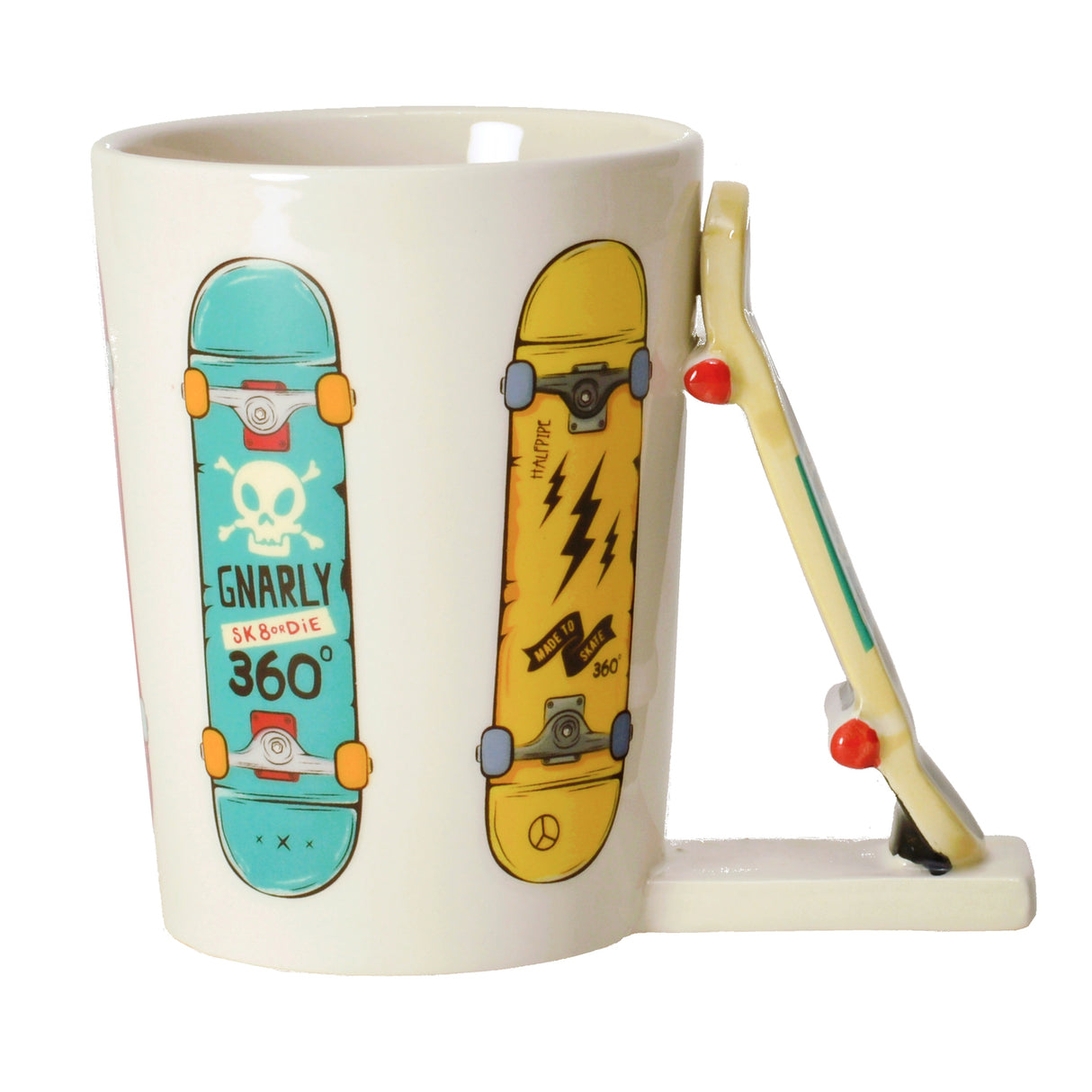 Bunte Boards Kaffeebecher mit Skateboard als Griff