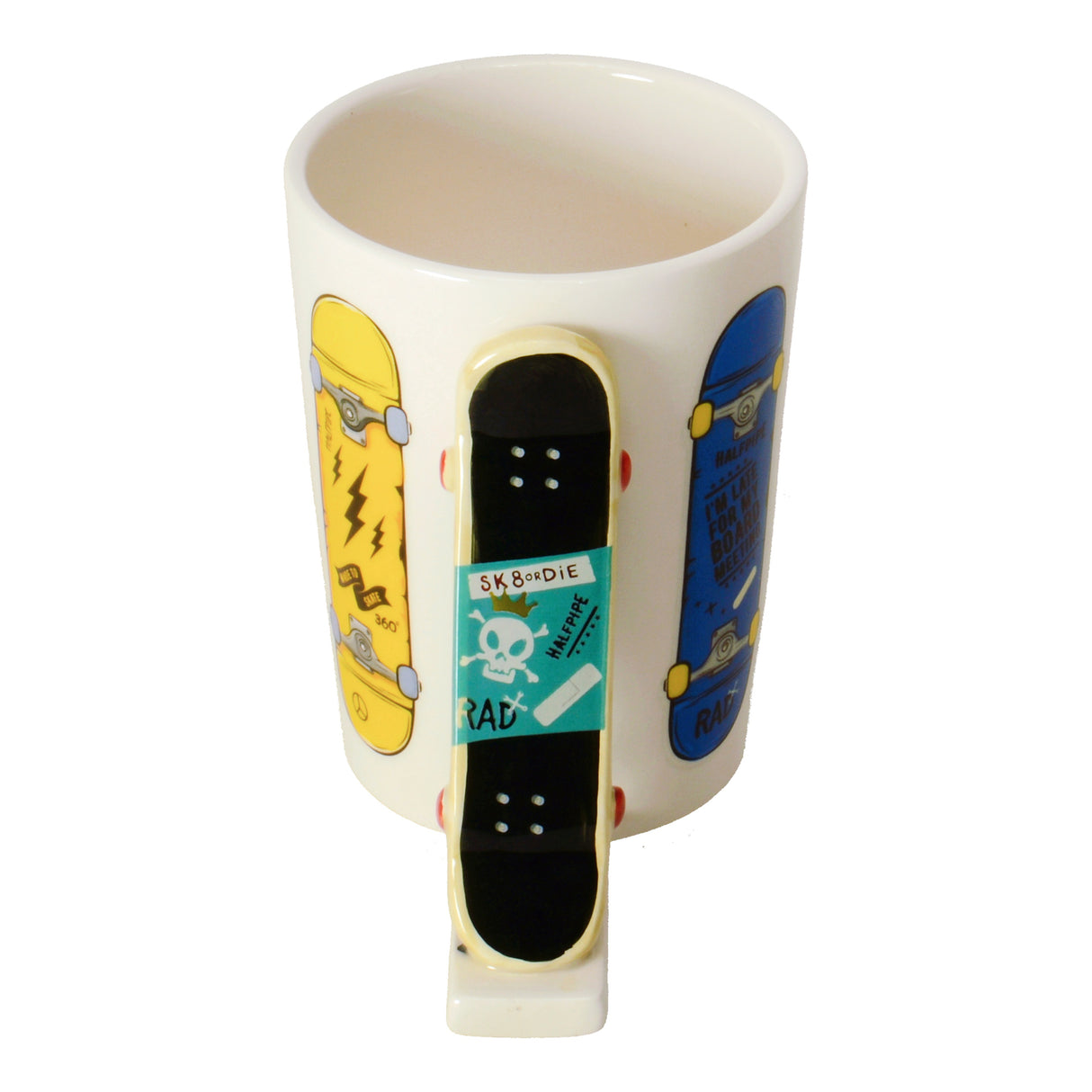 Bunte Boards Kaffeebecher mit Skateboard als Griff