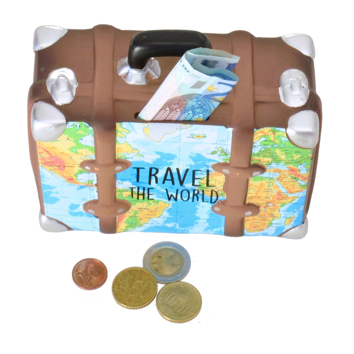Travel the World Koffer Spardose in bunt-braun