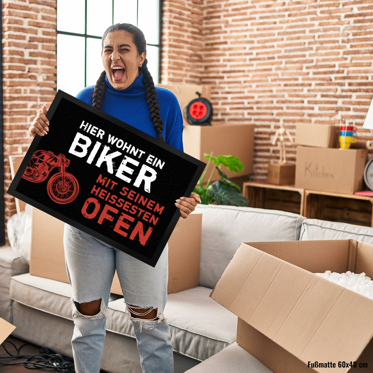 Hier wohnt ein Biker mit seinem heißesten Ofen Motorrad Fußmatte