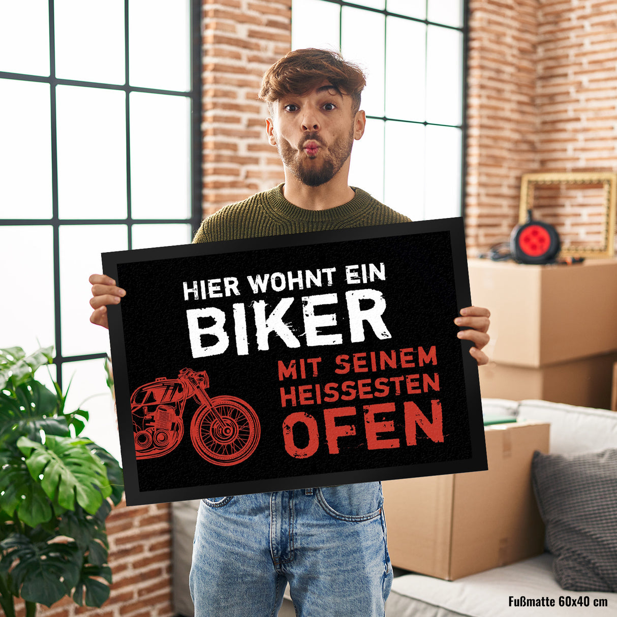Hier wohnt ein Biker mit seinem heißesten Ofen Motorrad Fußmatte