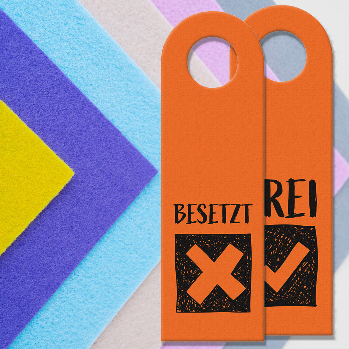 Besetzt oder Frei Türhänger in Orange mit Symbolen für die Toilettentür