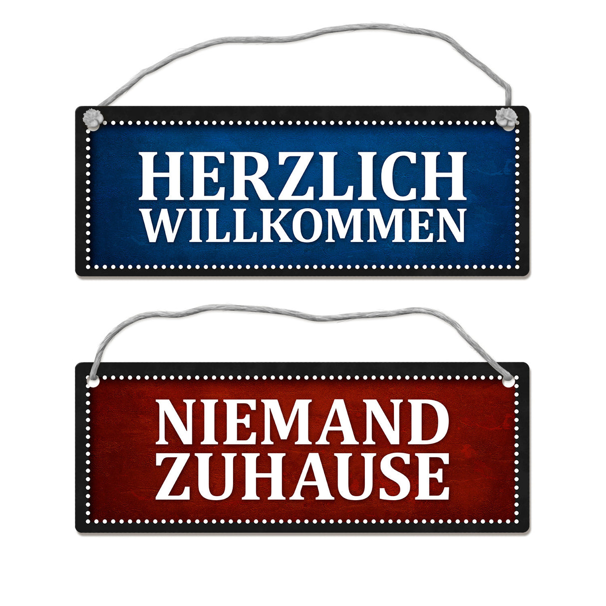 Niemand Zuhause oder Willkommen Wendeschild mit Kordel in Rot und Blau