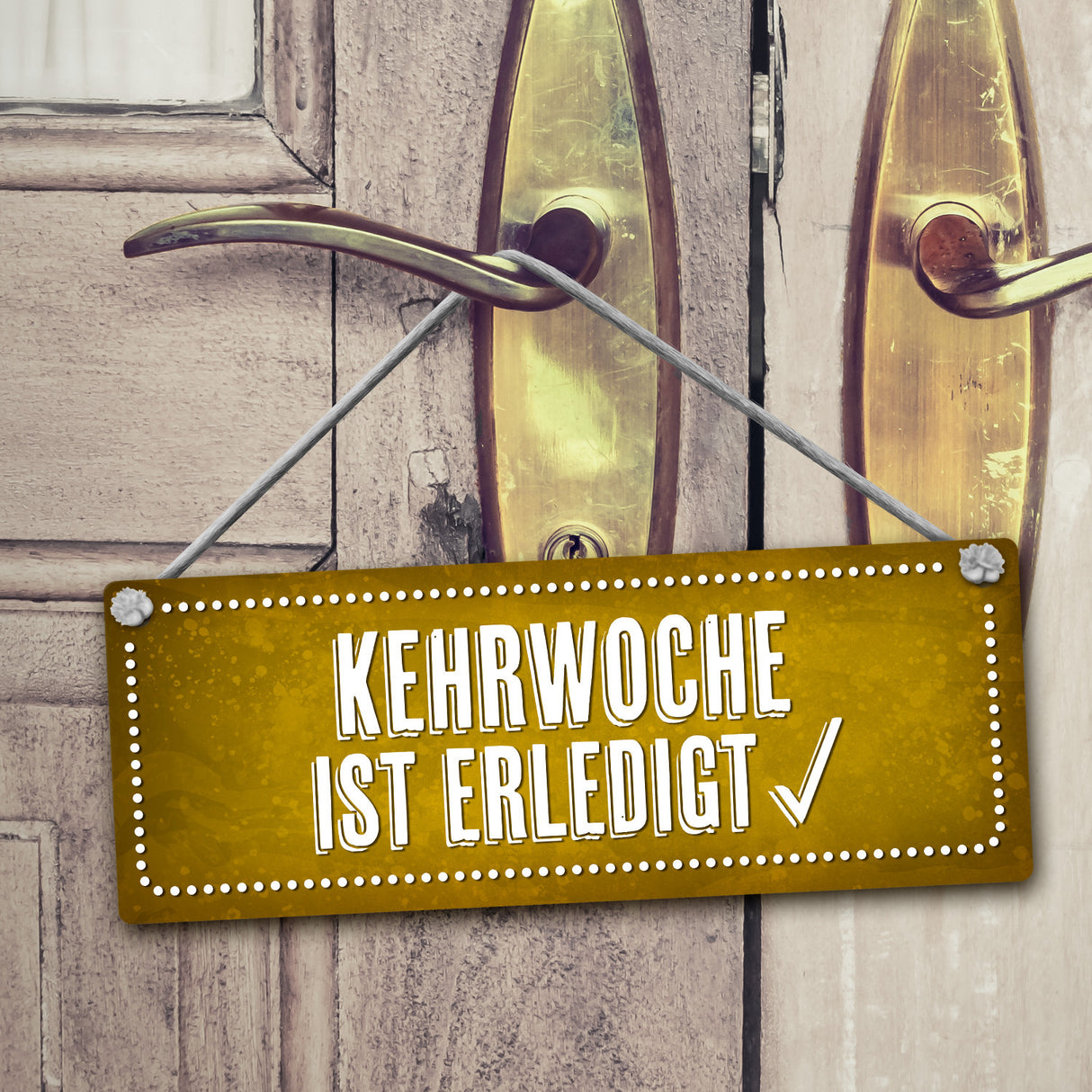 Kehrwoche wird noch gemacht oder ist erledigt Wendeschild mit Kordel in Rot-gelb
