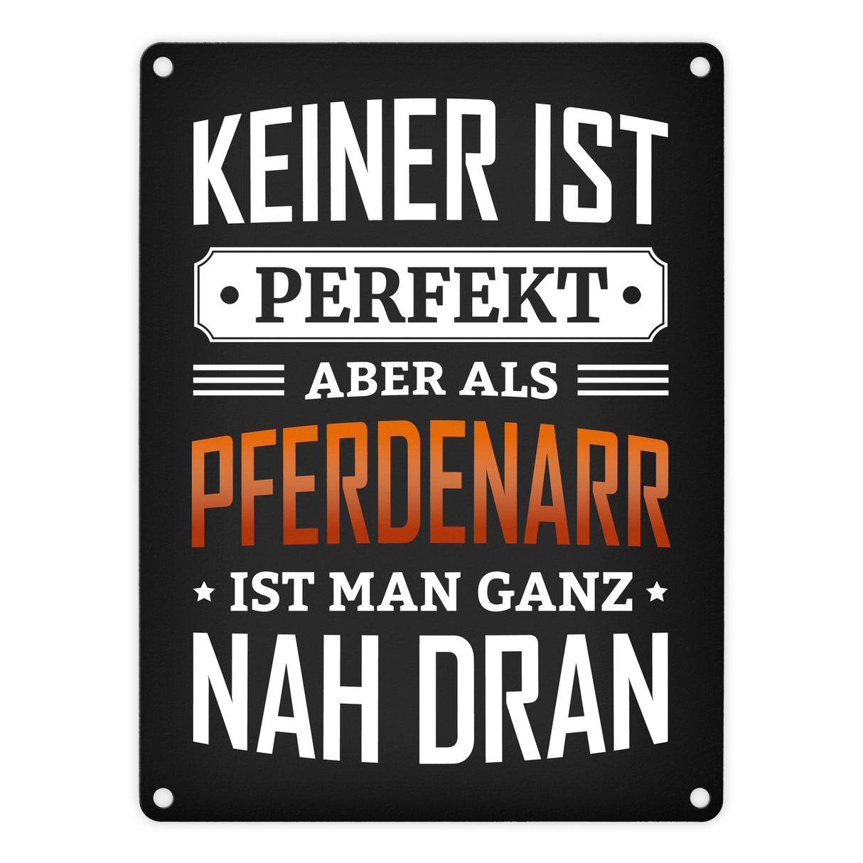 Metallschild mit Spruch: Keiner ist perfekt, aber als Pferdenarr ist man ganz nah dran