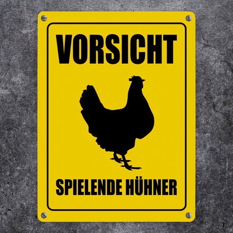 Vorsicht spielende Hühner Metallschild mit Huhn Motiv