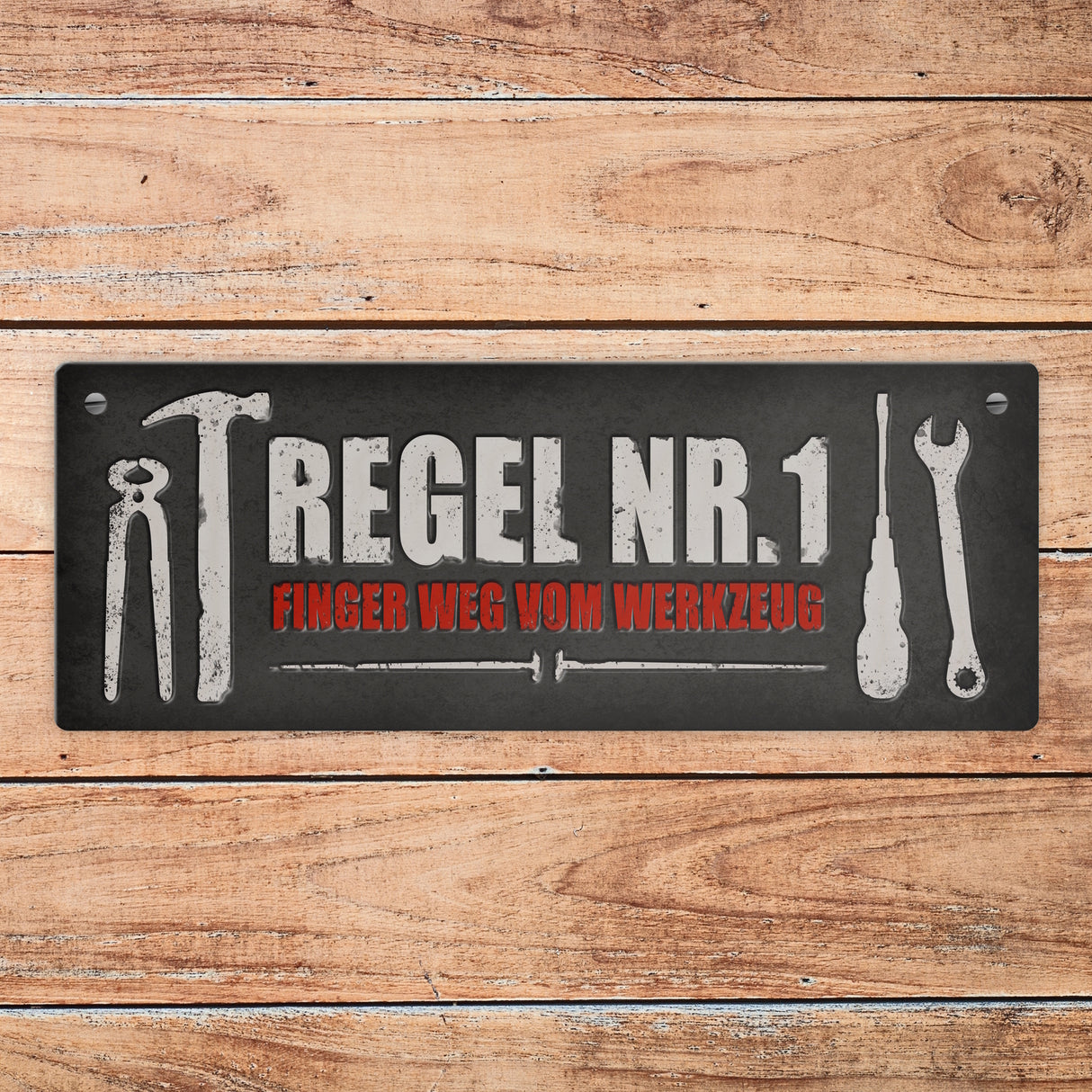 Werkstatt Metallschild mit Spruch: Regel Nr. 1 Finger weg vom Werkzeug
