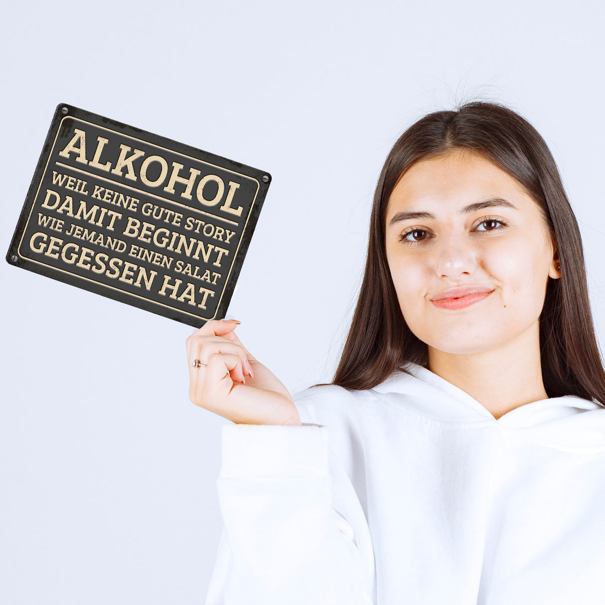 Gute Storys beginnen mit Alkohol nicht mit Salat Metallschild