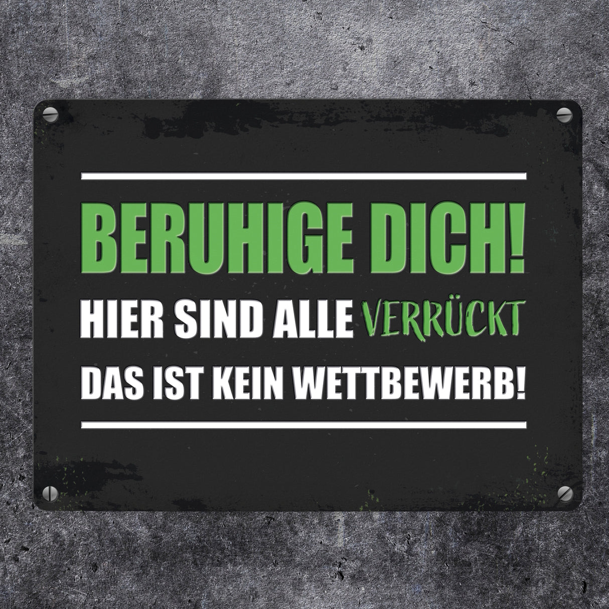 Beruhige dich! Hier sind alle verrückt… Metallschild