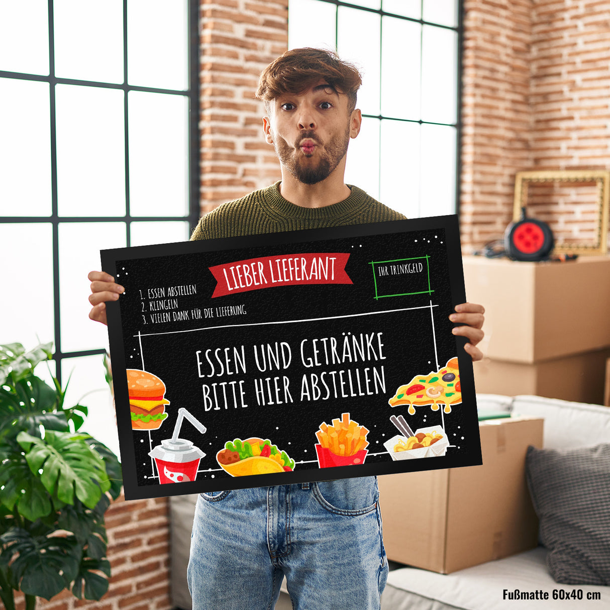 Lieber Lieferant Fußmatte mit Fast Food Motiv und Trinkgeld-Feld für den Pizzaboten
