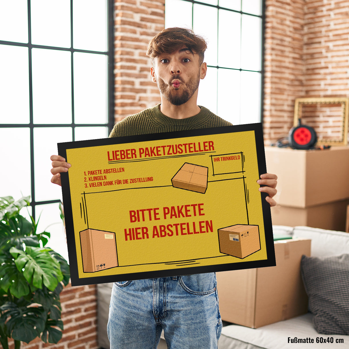 Lieber Paketzusteller Fußmatte mit Paket Motiv und Trinkgeld-Feld für den Paketboten