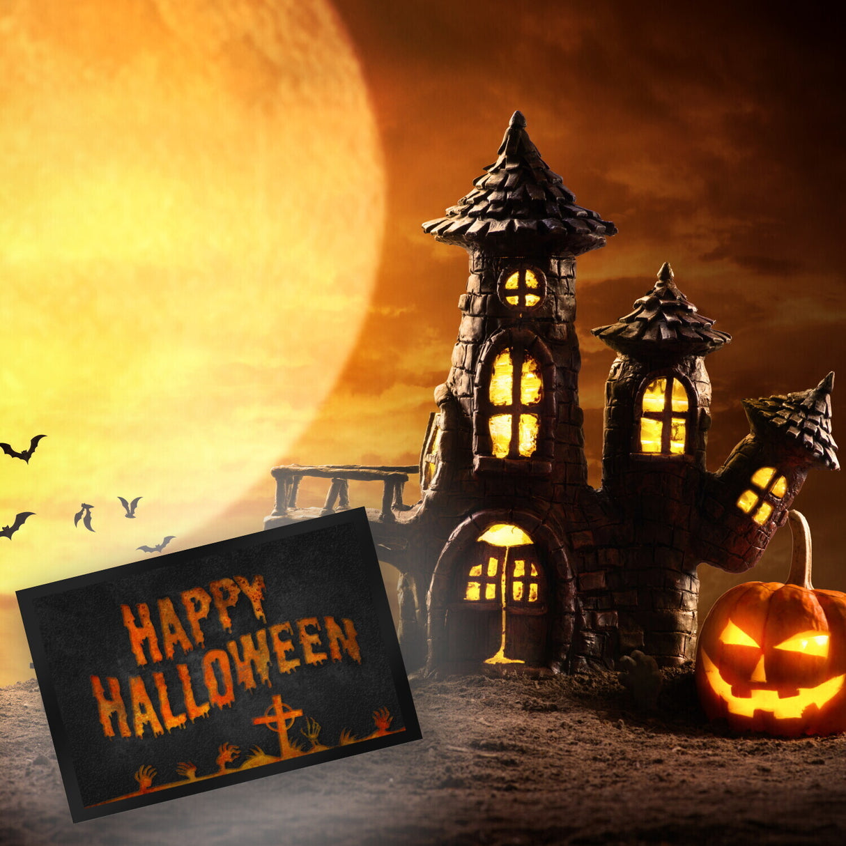 Happy Halloween Fußmatte mit Friedhof Motiv