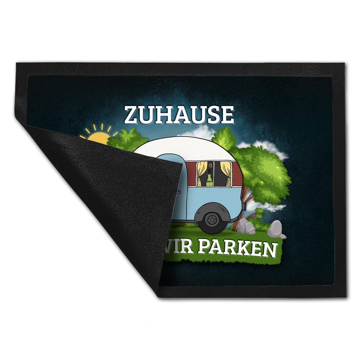 Zuhause ist wo wir parken Fußmatte mit Camping Motiv Wohnwagen Wohnmobil Urlaub Natur