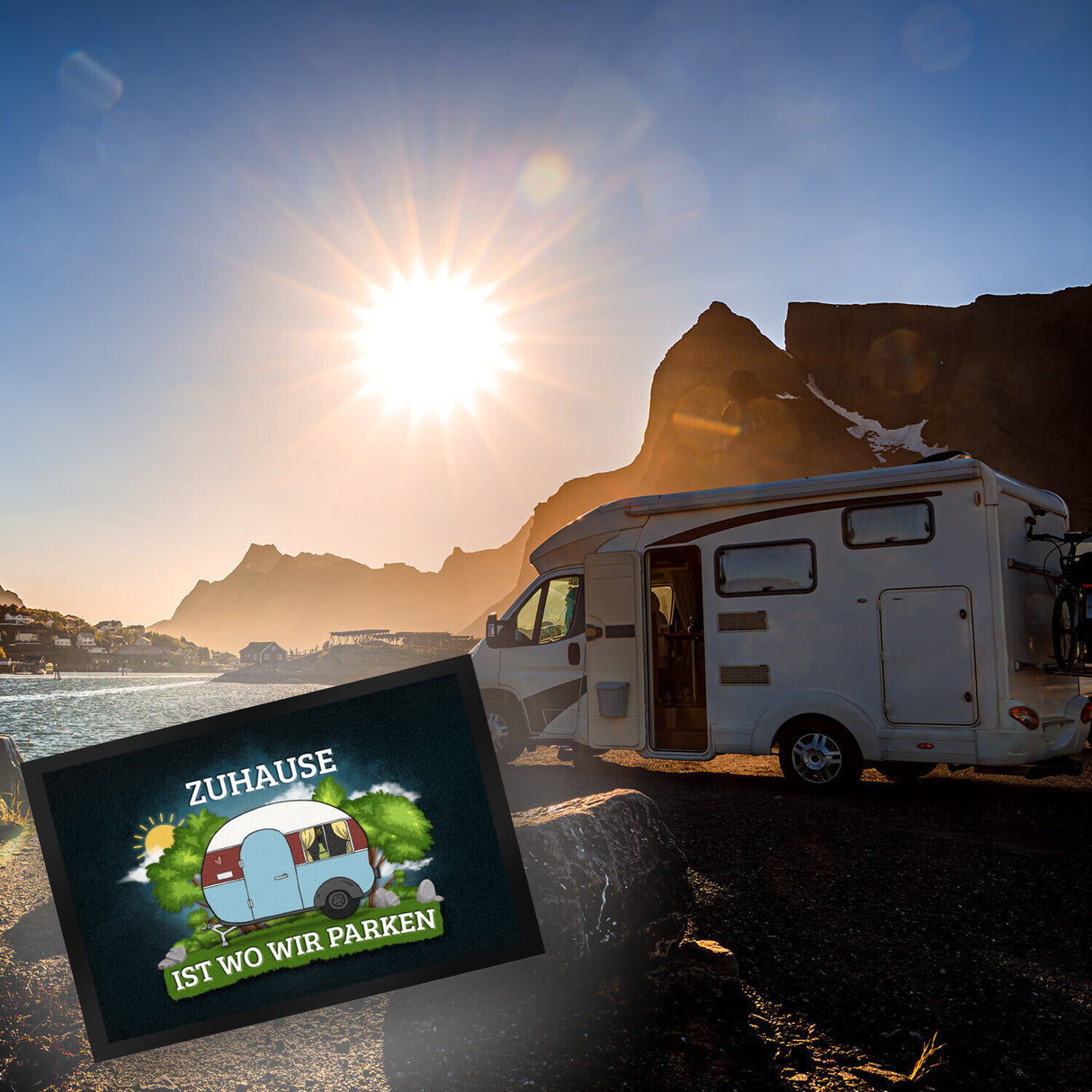 Zuhause ist wo wir parken Fußmatte mit Camping Motiv Wohnwagen Wohnmobil Urlaub Natur