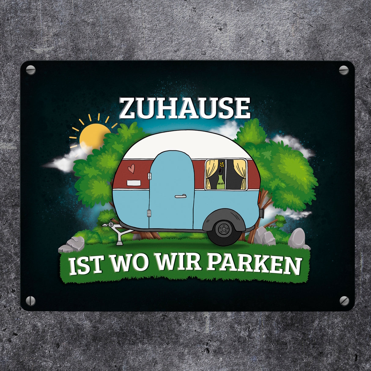 Zuhause ist wo wir parken Metallschild mit Camping Motiv Wohnwagen Wohnmobil Urlaub natur Hobby