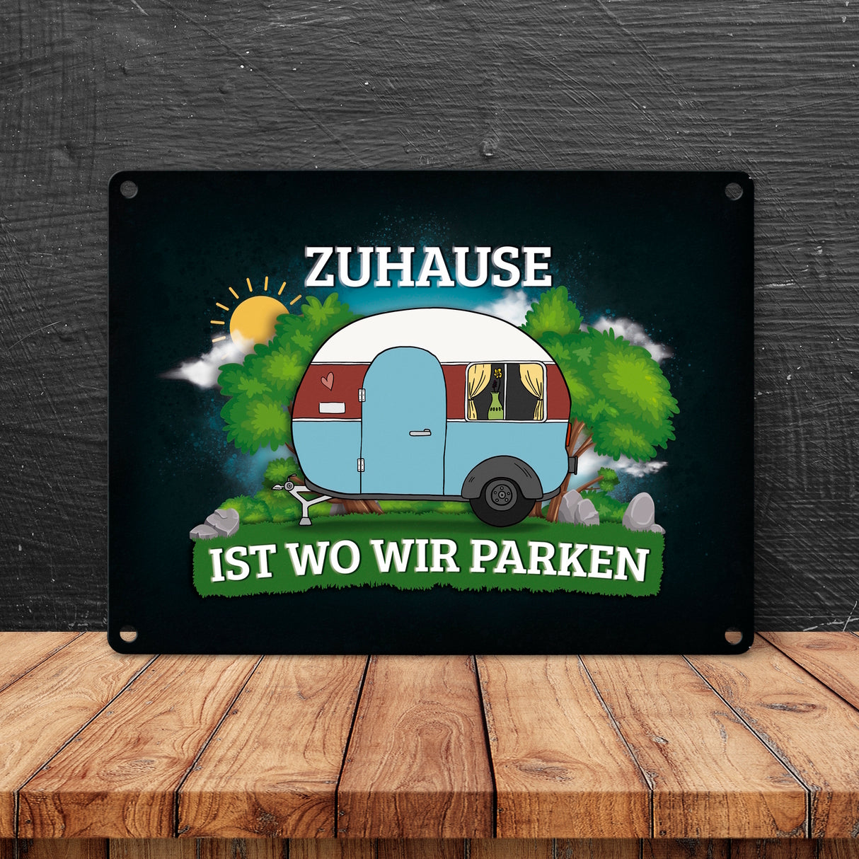 Zuhause ist wo wir parken Metallschild mit Camping Motiv Wohnwagen Wohnmobil Urlaub natur Hobby