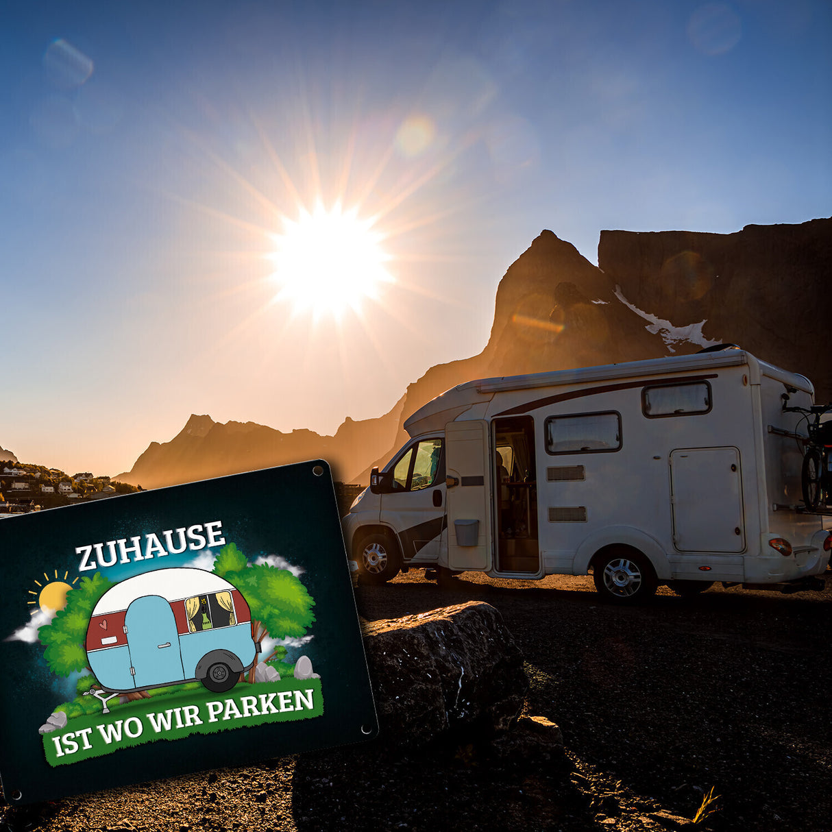 Zuhause ist wo wir parken Metallschild mit Camping Motiv Wohnwagen Wohnmobil Urlaub natur Hobby