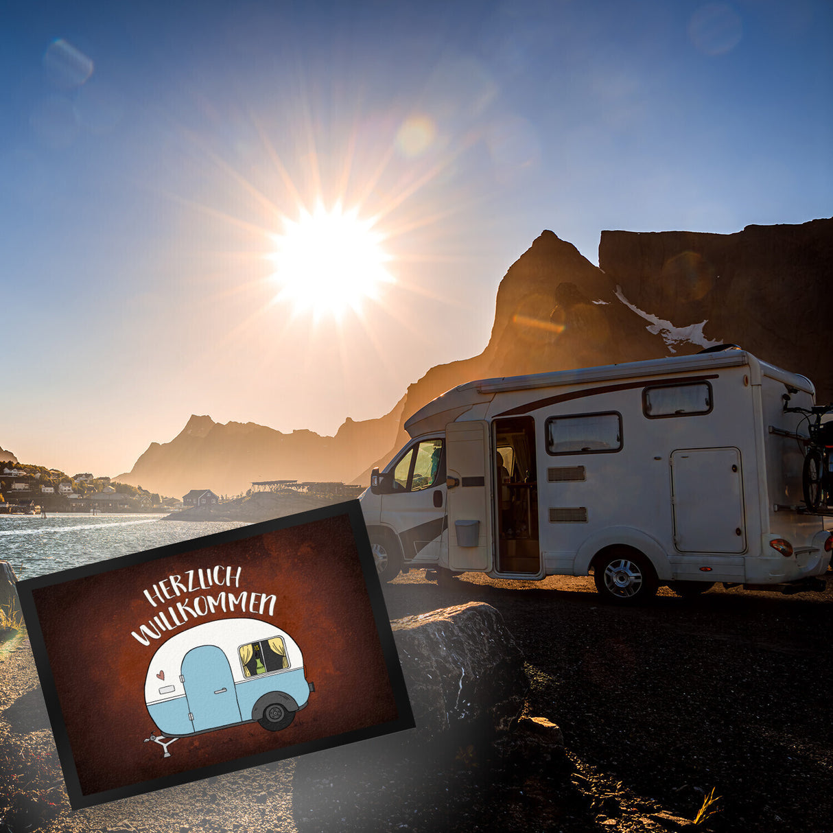Herzlich willkommen Fußmatte mit Wohnwagen Motiv Wohnmobil Camping Gast Besuch Gäste