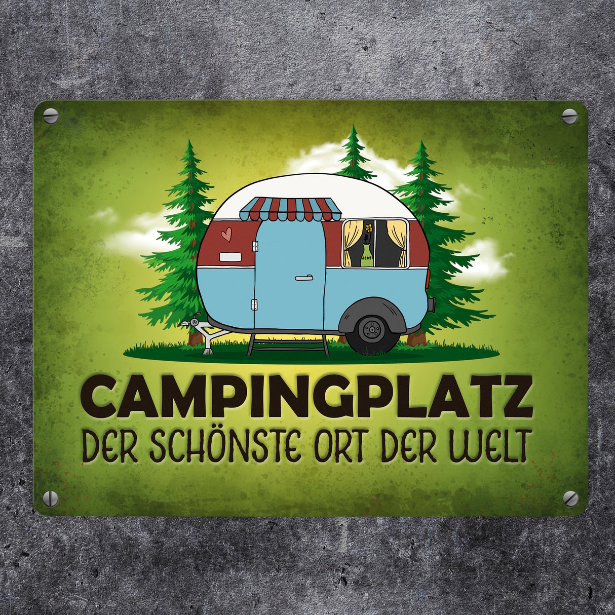 Campingplatz Metallschild mit Wohnwagen Motiv Wohnmobil Urlaub Hobby Natur Ort