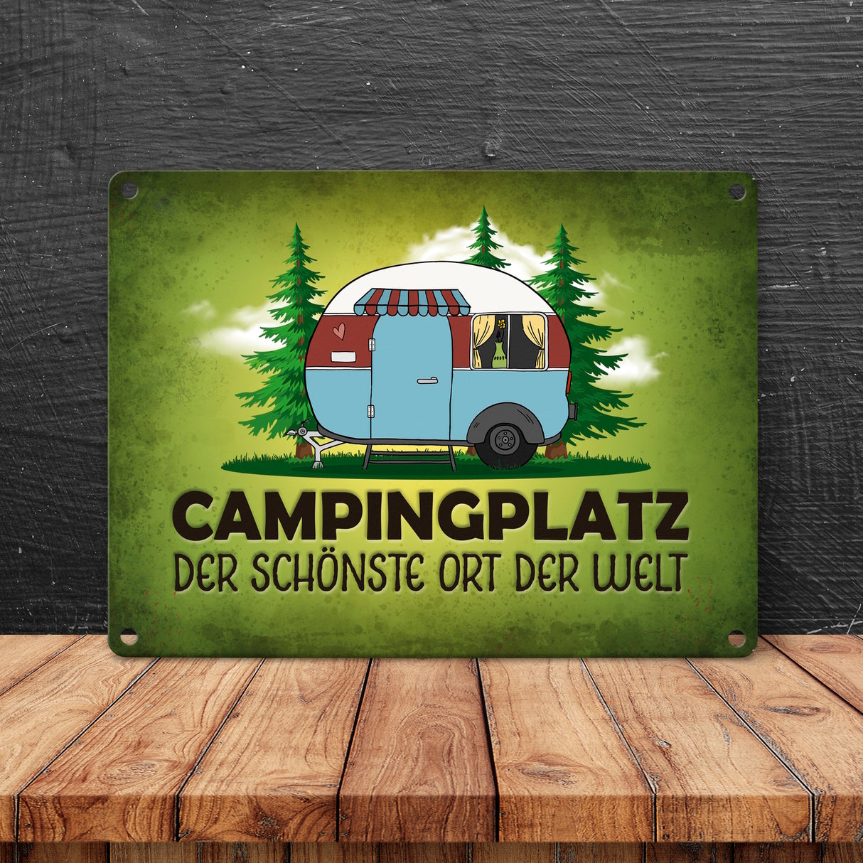 Campingplatz Metallschild mit Wohnwagen Motiv Wohnmobil Urlaub Hobby Natur Ort